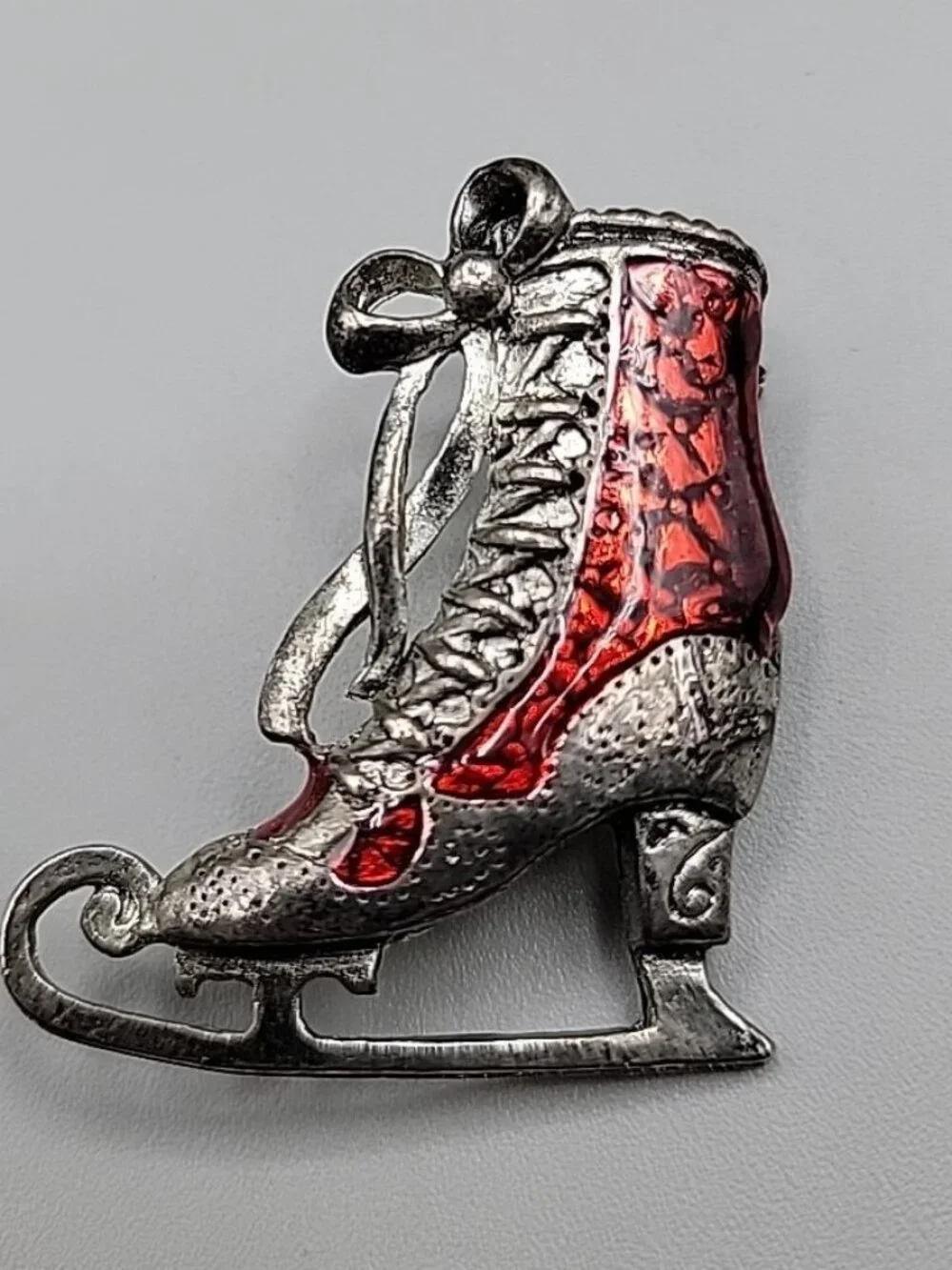 Vintage Red & Silver Tone Ice Skate Brooch Laced Up With Bow